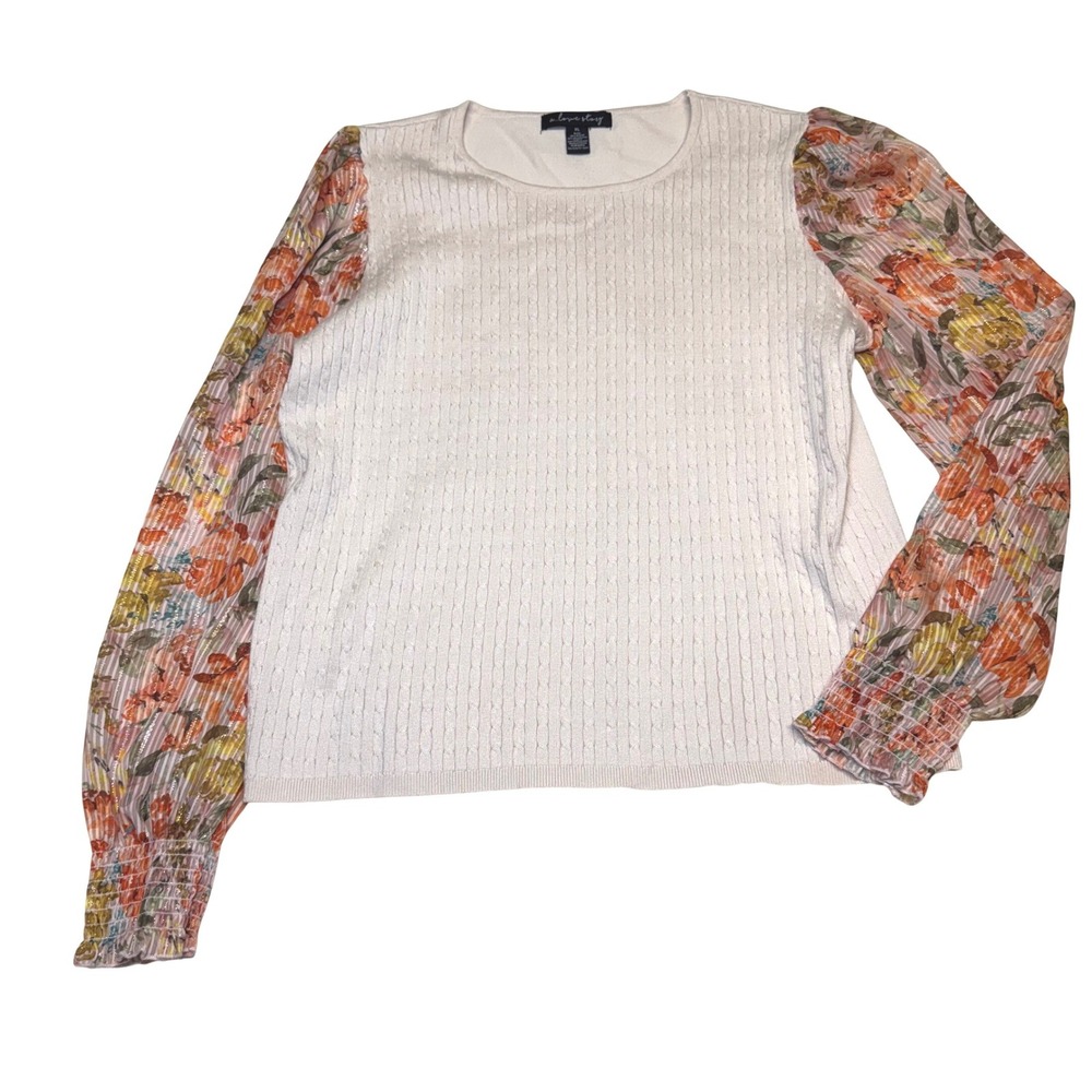 A Love Story Womens XL Cream Cable Knit Sweater Floral Chiffon Balloon Sleeve